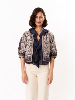 M.A.B.E Boho Printed Open Front Jacket - Navy Floral
